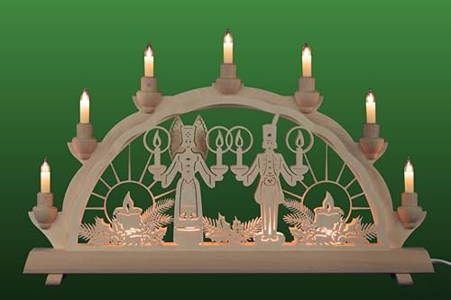 Schlick & Türk Schwibbogen Engel und Bergmann, 11-flammig elektrisch beleuchtet, Holz, natur, Weihnachten von Schlick & Türk