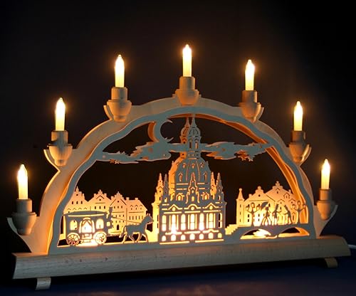 Schlick & Türk Schwibbogen Frauenkirche Dresden - Stadtmotiv - 51cm, 7 Kerzen + Vorbeleuchtung - Feine Handarbeit aus dem Erzgebirge - Weihnachten erzgebirgischer Lichterbogen von Schlick & Türk