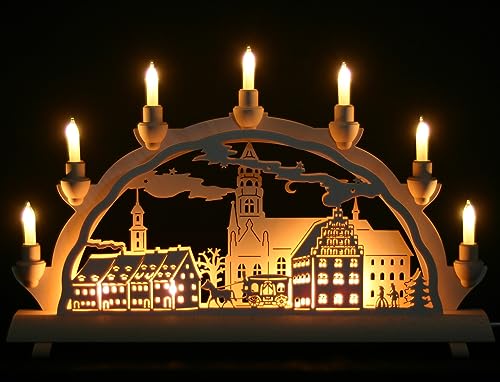 Schlick & Türk Schwibbogen Zwickau - Stadtmotiv - 51cm, 7 Kerzen + Vorbeleuchtung - Feine Handarbeit aus dem Erzgebirge - Weihnachten erzgebirgischer Lichterbogen von Schlick & Türk