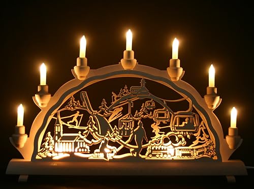 Schwibbogen Fichtelberg Oberwiesenthal - Stadtmotiv - 51cm, 7 Kerzen + Vorbeleuchtung - Feine Handarbeit aus dem Erzgebirge - Weihnachten erzgebirgischer Lichterbogen von Schlick & Türk