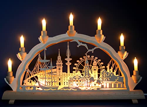 Schwibbogen Hamburg - Stadtmotiv - 51cm, 7 Kerzen + Vorbeleuchtung - Feine Handarbeit aus dem Erzgebirge - Weihnachten erzgebirgischer Lichterbogen von Schlick & Türk