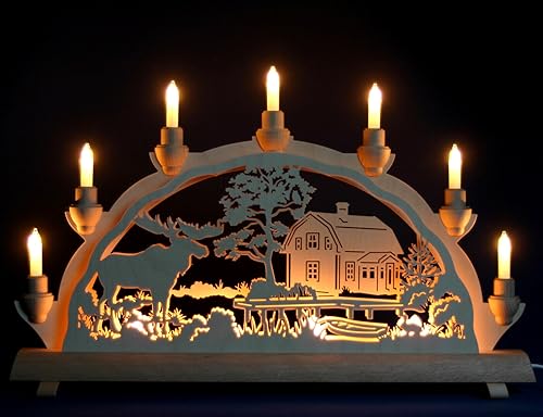 Schwibbogen mit Haus am See - Schweden, Norwegen mit Elch 51cm, 7 Kerzen + Vorbeleuchtung - Feine Handarbeit aus dem Erzgebirge - Weihnachten erzgebirgischer Lichterbogen von Schlick & Türk