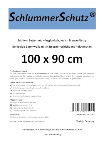 SchlummerSchutz® Molton Matratzenschutz mit Nässesperrschicht, Matratzenschoner aus 100% Baumwolle, Weiß, Waschbar, 100 x 90 cm von SchlummerSchutz