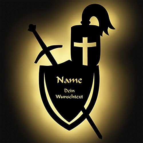 Schlummerlicht24 Licht & Deko Ritter Rüstung Helm Schwert und Schild I EIN LED Geschenk aus Holz mit Name personalisiert für Kinder & Erwachsene von Namofactur