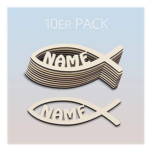 10er Pack Tischdeko Holz Deko Gastgeschenk zur Kommunion Geburt Konfirmation oder Taufe mit Name für Junge oder Mädchen - zum Geburtstag Fisch von Namofactur
