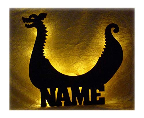 Schlummerlicht24 3d Led Lampe Wikinger Schiff Deko aus Holz mit Name personalisiert Wand-Tattoo Geschenke für Erwachsene Freund Wikinger Schiff Männer im KinderZimmer Schlafzimmer von Namofactur