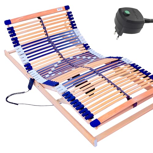 elektrischer Lattenrost 100% BUCHE - Kopf- u. Fußteil elektrisch verstellbar - SCHULTERFRÄSUNG, 7 Zonen, 44 Federleisten, Härteregulierung, Mittelgurt - Motor Comfort 44® - fertig montiert (120x190) von Schlummerparadies