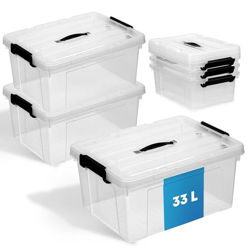 Schmacht® 3-er Set Aufbewahrungsboxen mit Deckel I BPA Frei I Mit oder Ohne Tragegriff | Aufbewahrungsbehälter mit verstärkter Bodenstruktur (Mit Tragegriff - Transparent, 33l) von Schmacht