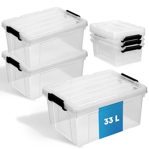 Schmacht® 3-er Set Aufbewahrungsboxen mit Deckel I BPA Frei I Mit oder Ohne Tragegriff | Aufbewahrungsbehälter mit verstärkter Bodenstruktur (Ohne Tragegriff - Transparent, 33l) von Schmacht