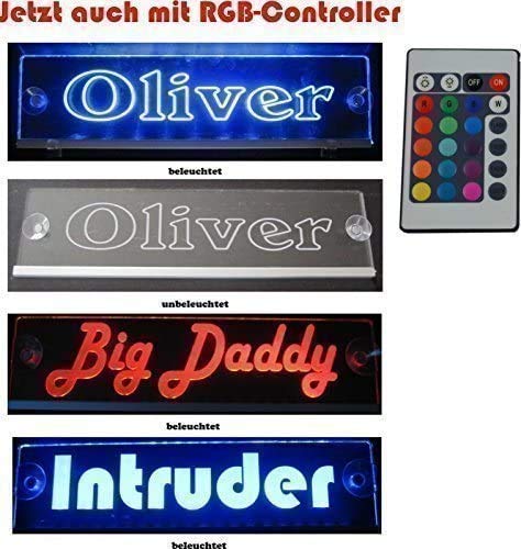 Trucker LKW Namensschild Größe 40x10 cm mit RGB Controller 22 Funktionen - LED Acryl Leuchtschild 12V oder 24V - 5V USB-Anschluss von Schmalz®