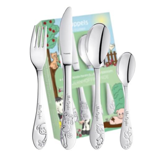 Schmalz® Kuppels Kinderbesteck Bauernhoffreunde mit Gravur 4-teilig Namensgravur, individualisiert Besteck Jungen-Mädchen Geburt-Taufe von Schmalz®