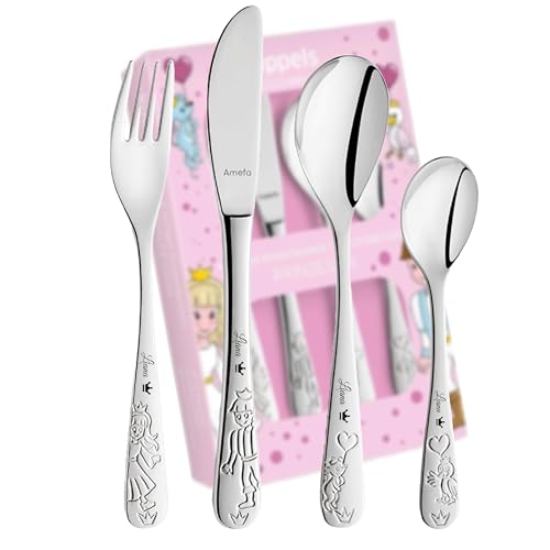 Schmalz® Kuppels-Kinderbesteck Prinzessin mit Gravur 4-teilig Namensgravur, individualisiert Besteck Jungen-Mädchen Geburt-Taufe von Schmalz®