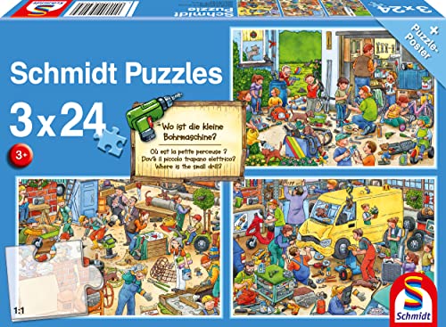 Schmidt Spiele 56417 Wo ist die kleine Bohrmaschine-3x24 Teile Kinderpuzzle, bunt, normal von Schmidt Spiele