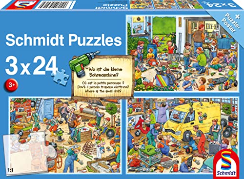 Schmidt Spiele 56417 Wo ist die kleine Bohrmaschine-3x24 Teile Kinderpuzzle, bunt, normal von Schmidt