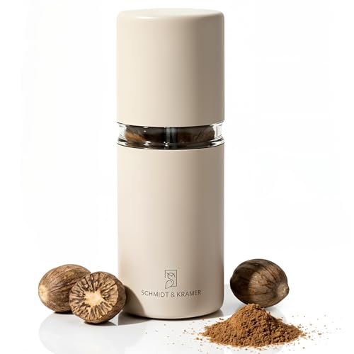 SCHMIDT & KRAMER Muskatnuss Mühle I hochwertige Muskatmühle aus Edelstahl mit Vorratsbehälter, scharfes Stahlmahlwerk, um frische Muskat-Aromen mühelos zu genießen (Sand) von Schmidt & Kramer