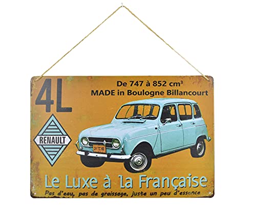 Oldtimer Blechschild mit Abbildung eines französischen Klassikers – Youngtimer Kult R4 - Wandschild mit Aufhängung von Schmiedegarten