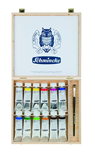 Schmincke – AKADEMIE Acryl, 12 x 60 ml-Tuben, 76 014 097, 12 brillante, hoch lichtechte Farbtöne im Holzkasten, 1 daVinci Pinsel, feine Künstler-Acrylfarben, kadmiumfrei, ideal zum Mischen von Schmincke