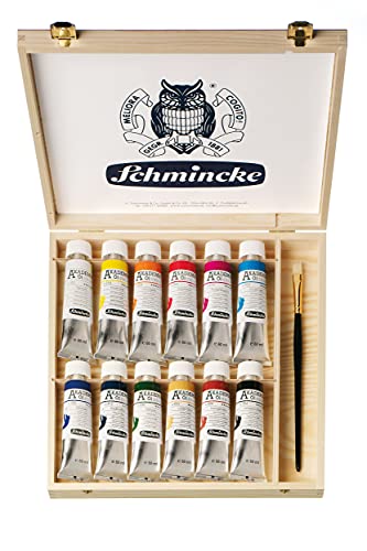 Schmincke - Akademie Öl, 12 x 60 ml Tuben, 79 112 097, Holzkasten + Davinci Pinsel (Größe 10), feine Künstler-Ölfarben, Brillante Farbtöne, Ölmalerei, Ölfarben-Set von Schmincke