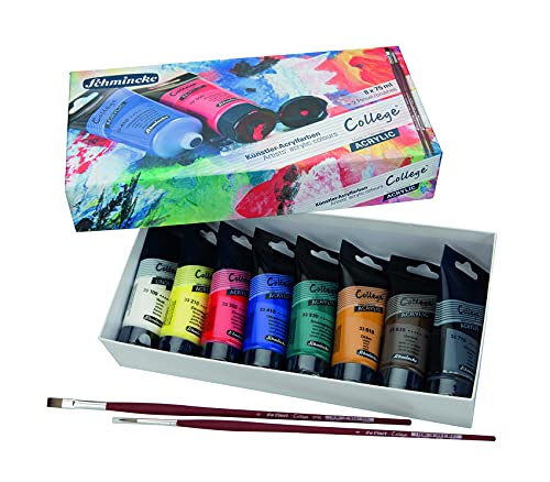 Schmincke - College® Acrylic, Acrylfarbenset mit 8 x 75 ml Tuben, 83 711 097, 2 da Vinci Pinsel, Acrylfarben in Studienqualität, umfassendes Sortiment, seidenmatt und lichtecht von Schmincke