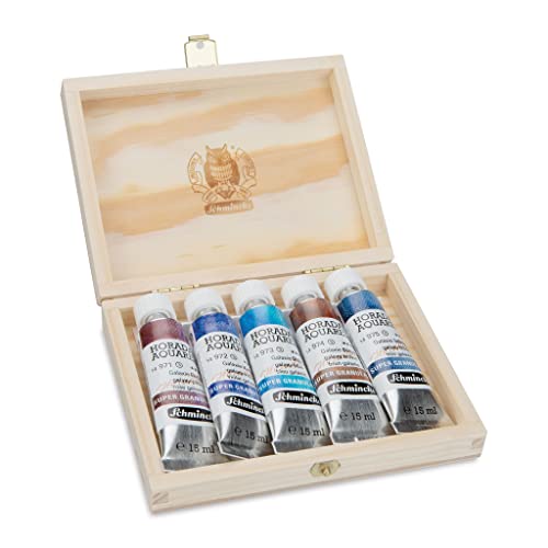 Schmincke – HORADAM® AQUARELL, Super Granulation Set Galaxie, 5 x 15 ml-Tuben, 74 842 097, Holzkasten, sehr stark granulierende Farbtöne, feinste, supergranulierende Aquarellfarben von Schmincke