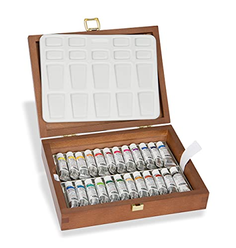 Schmincke – HORADAM AQUARELL Farbkasten, 24 x 5 ml Tuben, Porzellanpalette, 74224097, Holzkasten, hochwertiges Malset, feinste Premium Aquarellfarben von Schmincke