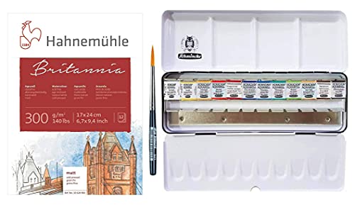 Schmincke Horadam - Aquarellfarbenkasten, Metallkasten, 12 x 1/2 Aquarellfarben, selection GENERAL + Hahnemühle Britannia 17 x 24 cm mit Da Vinci Pinsel von Schmincke