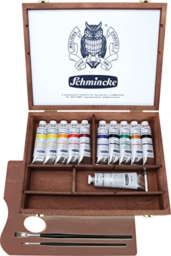 Schmincke - PRIMAcryl® feinste Acrylfarben, Premium Holzkasten, 10 x 35 ml + 1 x 60 ml Titanweiß Set, 73704097, Zubehör: 2 da Vinci Pinsel #4 und #10, Holz-Palette von Schmincke