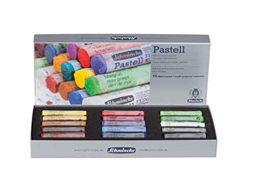 Schmincke – Pastell, 15 Farben, Mehrzweck, Grundsortiment 77 215 097, Kartonset mit 15 Pastellstiften, handgefertigte Pastelle, brillante, samtmatte, höchst lichtechte Farbtöne von Schmincke