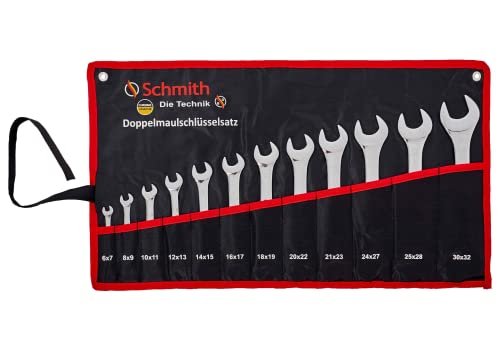 Schmith Maulschlüssel Set 6x7-30x32 - Doppelmaulschlüssel Set aus CV-Stahl - Robustes Werkzeug - Ratschenschlüssel mit Rolltasche - Schraubenschlüssel Set - DIN 3110 Norm - 12-tlg von Schmith