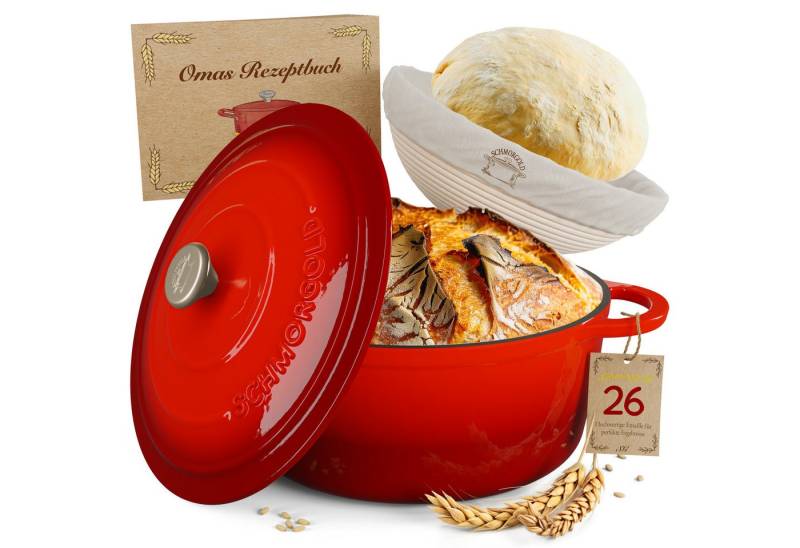 Schmorgold Brotbackform SCHMORGOLD Brotbackform inkl. Gärkorb - Gusseisen Topf zum Brot Backen, Emaillierter roter Topf - Gusseisentopf Brotbacken in 24cm oder 26cm von Schmorgold