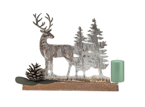 Schmucks HOME Deko Weihnachten Hirsch Aufsteller + Kerze Holz Metall Silber (21_x_18_cm, 1) von Schmucks HOME