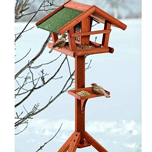 Vogelhaus mit Ständer Holz - wetterfestes Futterhaus für Wildvögel mit Schutzdach & Draht-Silo von Toulifly