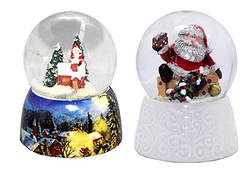 2-86x-82bx2er-Set Schneekugel Weihnacht Schneemann auf nostalgischem Sockel mit Geschenk und Winterhütte 65mm Durchmesser - kleine Luftblase von Schneekugelhaus