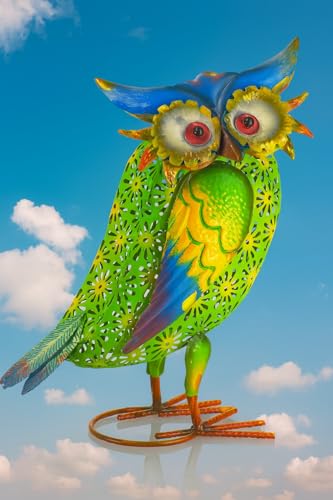 Bunte Metall Eule 35 cm – Gartenfigur aus Metall in Handarbeit bemalt – Dekoration für Garten, Balkon & Terrasse – wetterfest & auffällig von Schneemann-Versand
