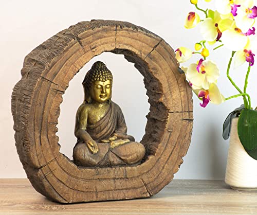 Schneemann-Versand Großer Thai Buddha Budda in Holzscheibe 40cm mit Figur Statue braun Gold Kunststein von Schneemann-Versand