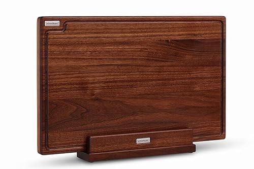Schneidboard Nussbaum S+ Inkl. Halter - Design Schneidebrett Aus Holz mit Saftrillle und passendem Halter - Made in Germany - 45x29x3,8 cm … von Schneidboard