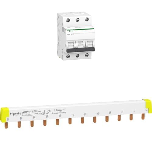 Bundle aus Schneider Electric A9K02316 Leitungsschutzschalter 1er Pack K60N 3P, 16A, C Charakteristik, 6kA + Schneider Electric A9XPH312 Phasenschiene Steg, ablängbar, 3P, 12 TE, 100A von Schneider Electric