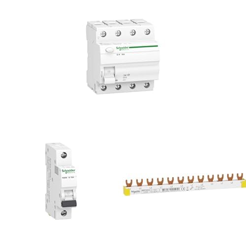 Bundle aus Schneider Electric A9Z01440 Fehlerstrom-Schutzschalter ID K, 4P, 40A, 30mA, Typ A + A9K01116 Leitungsschutzschalter K60N 1P, 16A, B Charakteristik, 6kA + R9XFH312 Resi9 Phasenschiene Gabel von Schneider Electric