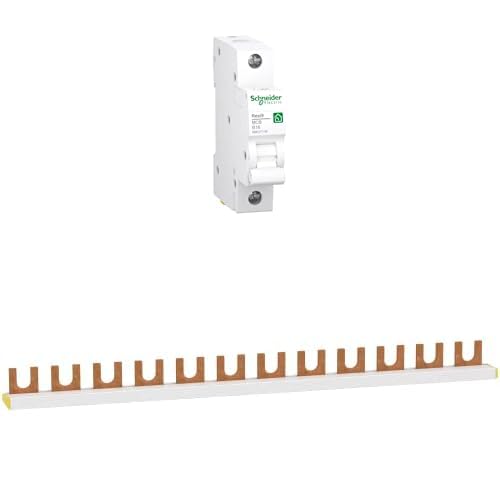 Bundle aus Schneider Electric Leitungsschutzschalter RESI9 1P 16A B 10KA, R9F27116 + Schneider Electric R9XFH112 Phasenschiene Gabel, 1P, 12 TE, 63A von Schneider Electric