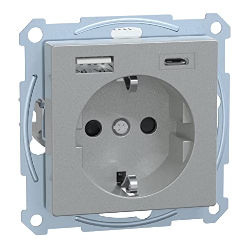 Schneider Electric Merten USB-Schuko-Steckdose, USB Typ A+C, Unterputz, System M, aluminium, Artikelnummer MEG2367-0460 von Schneider Electric