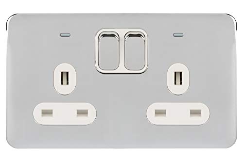 Schneider Electric GGBL3021DWPC Lisse Screwless Deco, Geschaltete Doppelsteckdose, Zweipolig, mit Neonanzeige, 13 A, poliertes Chrom mit weißem Einsatz von Schneider Electric