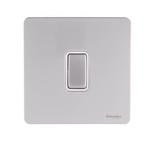 Schneider Electric GU2410WPN Ultimate Schraubenlose flache Platte, Einzel-Lichtschalter, doppelpolig, 20 AX, Perlnickel mit weißem Einsatz von Schneider Electric