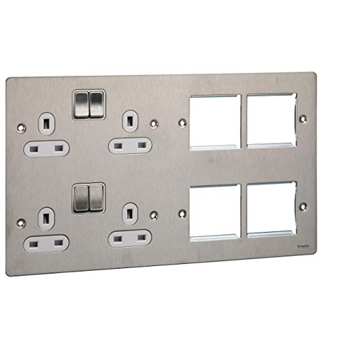 Schneider Electric Ultimate schraubenlose, geschaltete 4-Gang-Steckdose mit flacher Platte, doppelpolig, mit Kombinations-Medienplatte, GU32204DMPWSS, Edelstahl mit weißem Einsatz Schneider Electric Ultimate schraubenlose, geschaltete 4-Gang-Steckdose mit flacher Platte, doppelpolig, mit Kombinations-Medienplatte, GU32204DMPWSS, Edelstahl mit weißem Einsatz von Schneider Electric