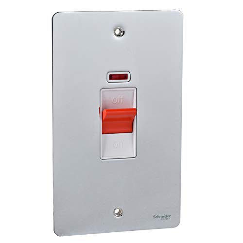 Schneider Electric Ultimate Flat Plate Doppel-Kontrollschalter mit Neonanzeige, doppelpolig, 50 AX, GU4221WPC, poliertes Chrom mit weißem Einsatz von Schneider Electric