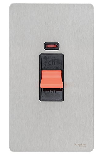 Schneider Electric GU4421BSS Ultimate schraubenlose flache Platte, Doppel-Kontrollschalter mit Neon-Anzeige, doppelpolig, 50 AX, Edelstahl mit schwarzem Einsatz von Schneider Electric