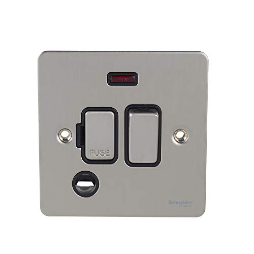 Schneider Electric Ultimate Flat Plate, geschaltete gesicherte Anschlusseinheit, mit Flexausgang und Neonanzeige, GU5214BSS, Edelstahl mit schwarzem Einsatz von Schneider Electric