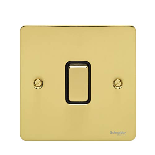 Schneider Electric Ultimate Flat Plate GU1212RBPB Einzelner 2-Wege-Lichtschalter, Rückstellschalter, 16AX, poliertes Messing mit schwarzem Einsatz von Schneider Electric