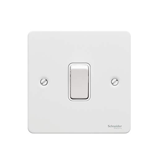 Schneider Electric Ultimate Flat Plate GU1212RWPW Einzelner 2-Wege-Lichtschalter, Rückstellschalter, 16AX, weiß lackiert mit weißem Einsatz von Schneider Electric