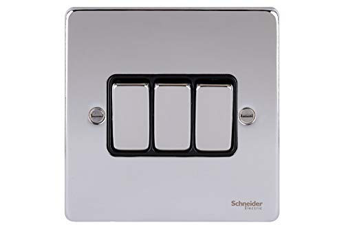 Schneider Electric Ultimate Low Profile GU1532BPC 3-Gang-Wippschalter, 2-Wege-Lichtschalter, 16AX, poliertes Chrom mit schwarzem Einsatz von Schneider Electric
