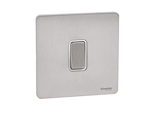 Schneider Electric Ultimate Schraubenlose flache Platte, Einzel-Wippschalter, 2-Wege-Lichtschalter, einpolig, 16 AX, GU1412WSS, Edelstahl mit weißem Einsatz von Schneider Electric